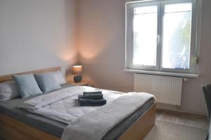 a bedroom with a bed with a window at Ferienwohnung "ZU HAUSE" in Guben