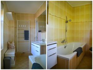 two pictures of a bathroom with a tub and a sink at Ferienwohnung "ZU HAUSE" in Guben