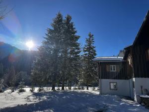 a snow covered yard with a house and a tree at Mitteralm-Kreuth in Kreuth