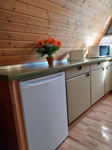 a kitchen with a vase of flowers on a counter at Nordseenest in Butjadingen