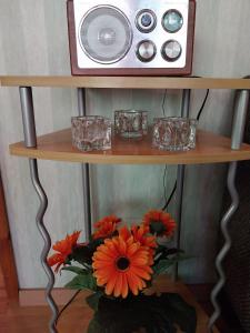a shelf with a radio and glasses and flowers on it at Nordseenest in Butjadingen