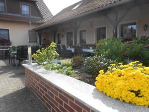 a house with a retaining wall with yellow flowers at Spreewald-Pension Marina in Lübben