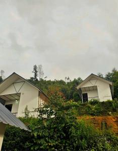 two white buildings sitting on top of a hill at The Canvo Vattavada Private Cottages in Vattavada