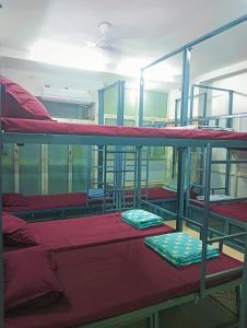 a group of bunk beds in a room at Vrindavan Bunk Hostel by Shiva - 5min Walk from Prem Mandir in Vrindāvan