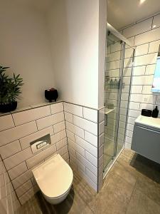 a bathroom with a toilet and a glass shower at The Hayloft in Ringwood +4 photos