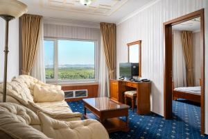 a hotel room with a couch and a tv and a window at Hotel Traian in Brăila