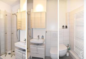 two images of a bathroom with a sink and a toilet at GUWO Gästewohnung Goethestraße 82d in Guben