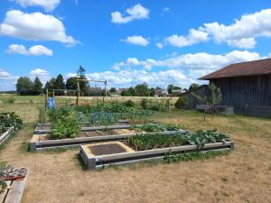 a garden with six raised beds in a field at Ferienwohnung Thomas in Landsberg am Lech
