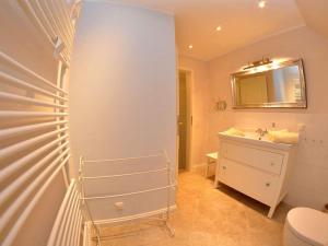 a bathroom with a sink and a toilet and a mirror at MR Landhaus Uhlenhof 5 in Groß Zicker