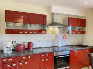 a kitchen with red cabinets and a sink at Zimmer & Ferienwohnung Steuer in Leippe