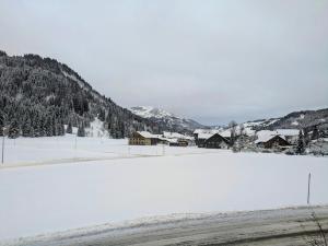 a field covered in snow with houses and mountains at Hoamatl in Tannheim
