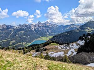 a view of a mountain valley with a lake at Hoamatl in Tannheim +37 photos