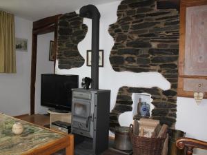 a wood stove in a living room with a stone wall at Rurtalgarten in Hammer