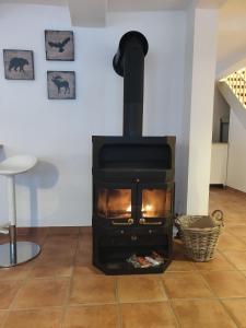 a stove in a living room with a floor at Ferienhaus Salamander inkl Sauna in Wildemann