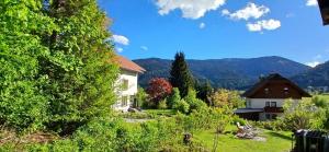 a view of a house with mountains in the background at Pension & Apartments Weissbriach in Weissbriach
