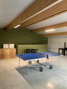 a ping pong table in a room with two tables at Vakantie Hermansheuvel in Bekkevoort