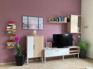 a living room with a tv and a white cabinet at Ferienwohnung Braunschweiger Hof in Halberstadt