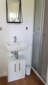 a bathroom with a sink and a mirror on the wall at Tiny Haus C235 Wacholderdrossel in Groß Kordshagen