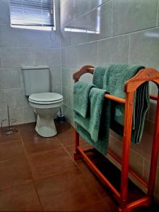 a bathroom with a toilet and a green towel at Herdman's Rest Farmstay in Lady Grey