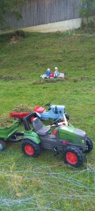 Ein Kinderspielzeugauto steht auf dem Rasen in der Unterkunft Ferienwohnung Andre in Miesbach