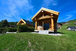 a log cabin on a hill with a green field at Mein Refugium Luxury Tiny House in Unteriberg