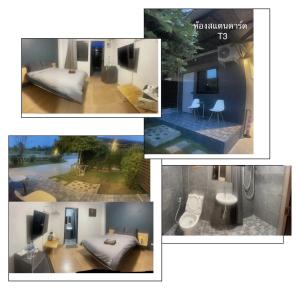 a collage of pictures of a bedroom and a bathroom at Baan Suan Papa Resort Wangmuang in Ban Nong Lom (1)
