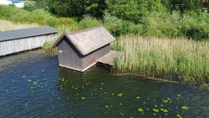 a duck house in the water next to a field at Landhaus Amalie in Malchow