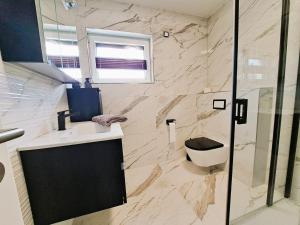 a bathroom with a sink and a toilet at Ferienhaus "Laila" ID 16019-2 in Möllenhagen