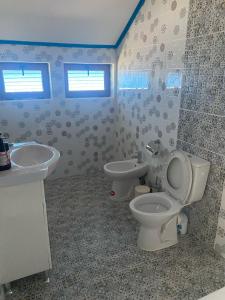 a bathroom with a toilet and a sink at Casa cu flori in Tulcea +35 photos