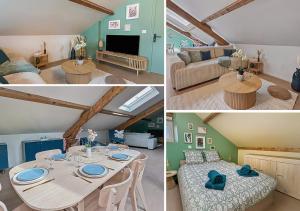 a living room and a dining room with a table at Élégant T3 moderne et central, parking inclus in Montargis