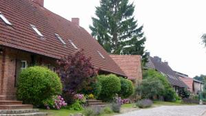 a brick house with bushes and flowers in front of it at Unterm Dach in Ulrichshusen