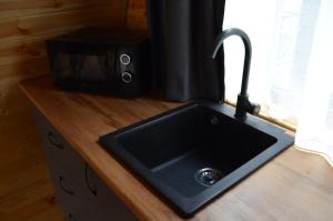 a kitchen counter with a sink and a microwave at MM's Cottage in Kazbegi