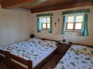 a bedroom with two beds and two windows at Chalupa Jestřebí in Velké Svatoňovice +26 photos