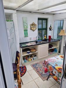 a kitchen with a counter and a sink and a table at Shannon Estuary Glamping Budget-Sustainable-Biodiversity Habitat--Rustic-Countryside Holiday Accommodation in Effernan