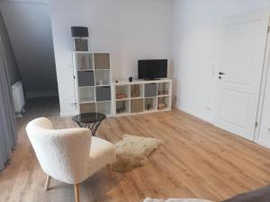 a living room with a chair and a television at Ferienwohnung Landidyll Heese in Langlingen