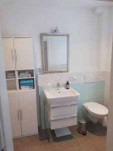 a bathroom with a sink and a toilet at Ferienwohnung Landidyll Heese in Langlingen