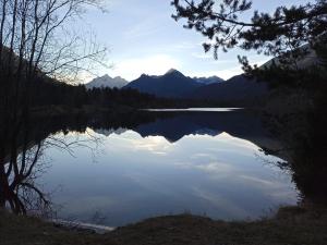 a view of a lake with mountains in the background at Bergfee Natur Appartements in Nesselwängle +35 photos