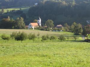a field of grass with a church in the distance at Hofgut Bentele in Deggenhausertal