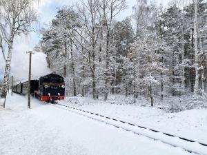 a train traveling down the tracks in the snow at Ferienwohnung Ostseeliebe mit Balkon in Baabe