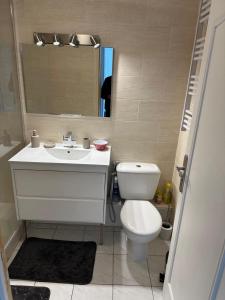 a bathroom with a toilet and a sink and a mirror at appartement cosy tout équipe in Épinay-sur-Orge