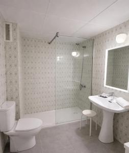 a bathroom with a shower and a toilet and a sink at Hostal Santa Ana in Lloret de Mar