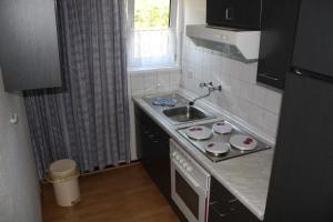 a small kitchen with a sink and a stove at Ferienhaus Stechlinsee 1 in Stechlin