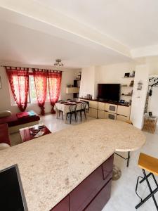 eine Küche und ein Wohnzimmer mit einer großen Arbeitsfläche in der Unterkunft BB QUEENS - Losone in Losone