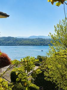 a view of a lake with a boat in the water at Nido vista Lago Maggiore e isole borromee in Cissano +2 photos