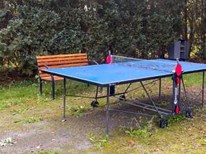 a ping pong table in front of a bench at Landhaus Kreitlow in Ribnitz-Damgarten