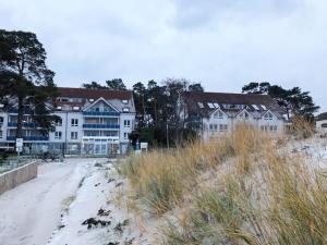a group of buildings on a beach in the sand at Blaumuschel Haus A Wohnung 2 - DH in Lubmin