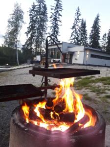 a fire pit with a table on top of it at Himos Pitkäjärvi in Jämsä