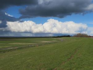 an empty field with a cloudy sky and green grass at Ferienwohnung Galerie 1 in Hakendorferwurp