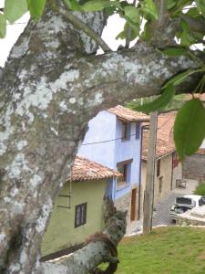 una vista de una casa desde detrás de un árbol en Casa Azul Rodiles, en Selorio