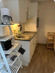 a small kitchen with white cabinets and a sink at Oppheim apartment, shared Pool & Sauna in Vossevangen